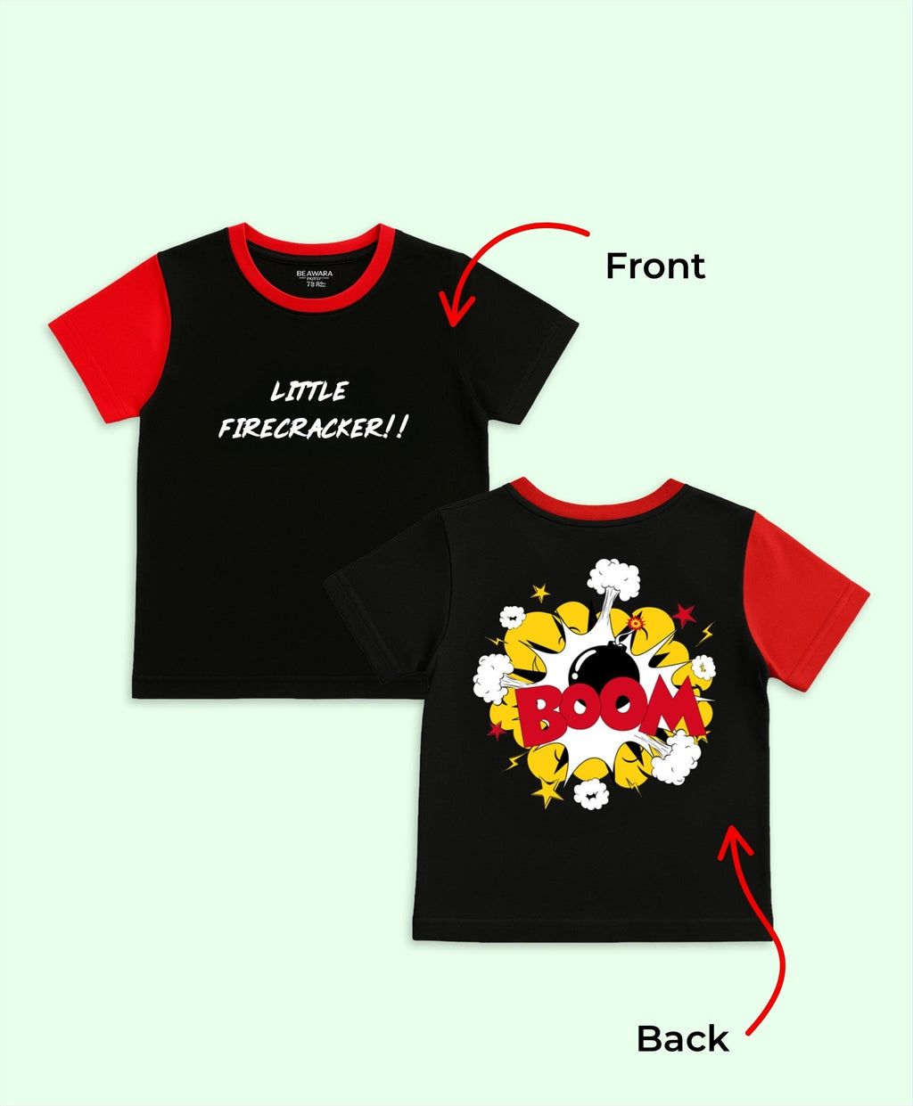 Kids Unisex Firecracker Print Colorblock Half Sleeves Oversize T-shirt