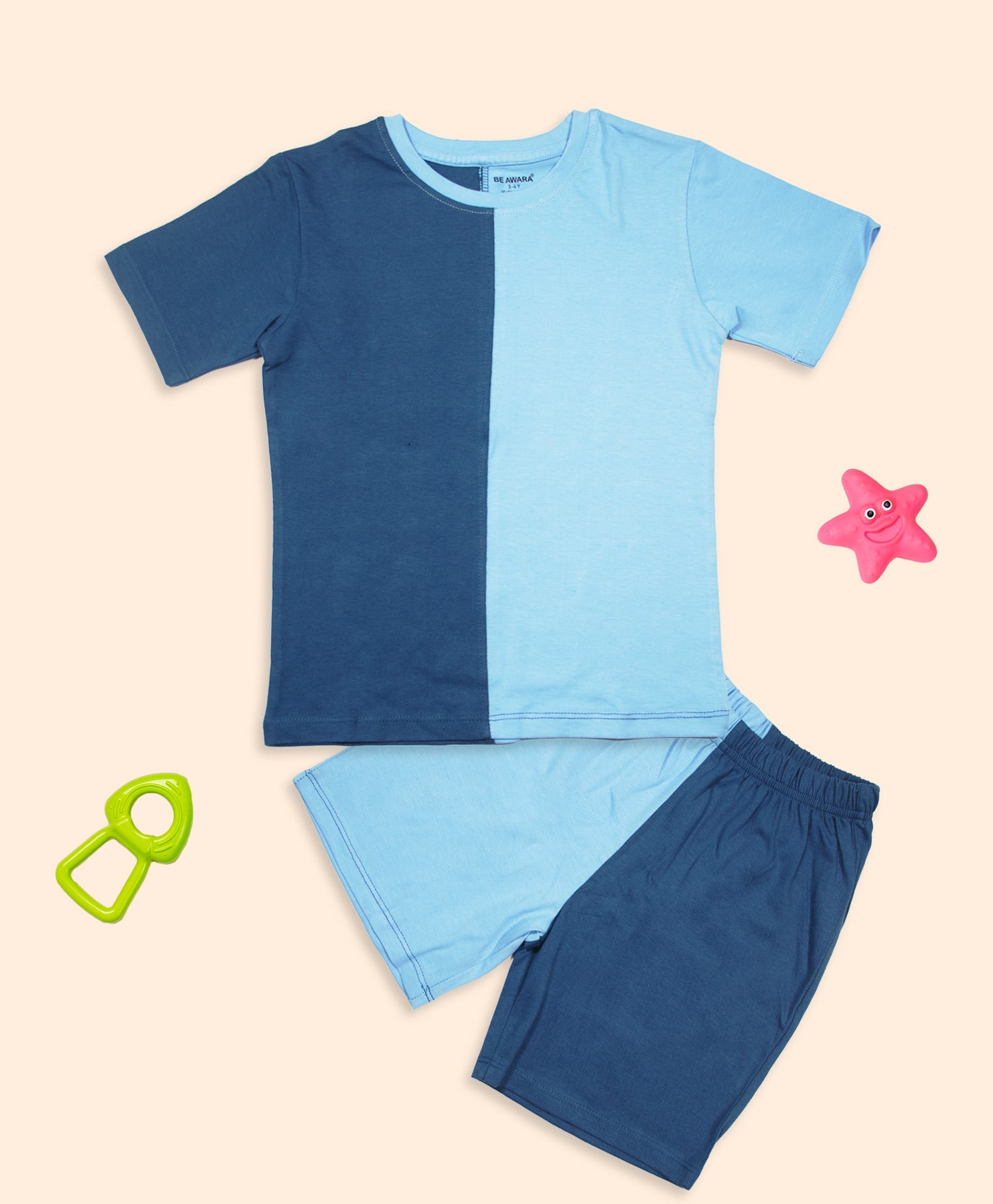 Kids Color Block Two-Tone Blue Oversized T-Shirt & Shorts Set