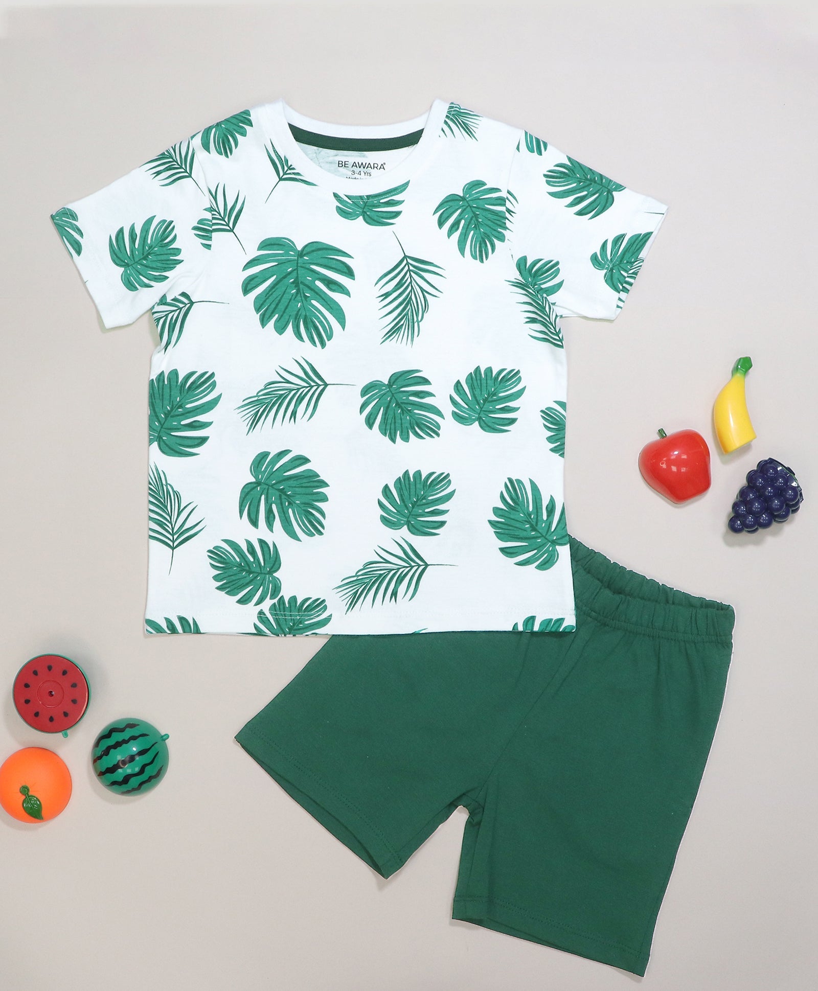 Green Leaf's Print Half Sleeves T-Shirt & Shorts Set