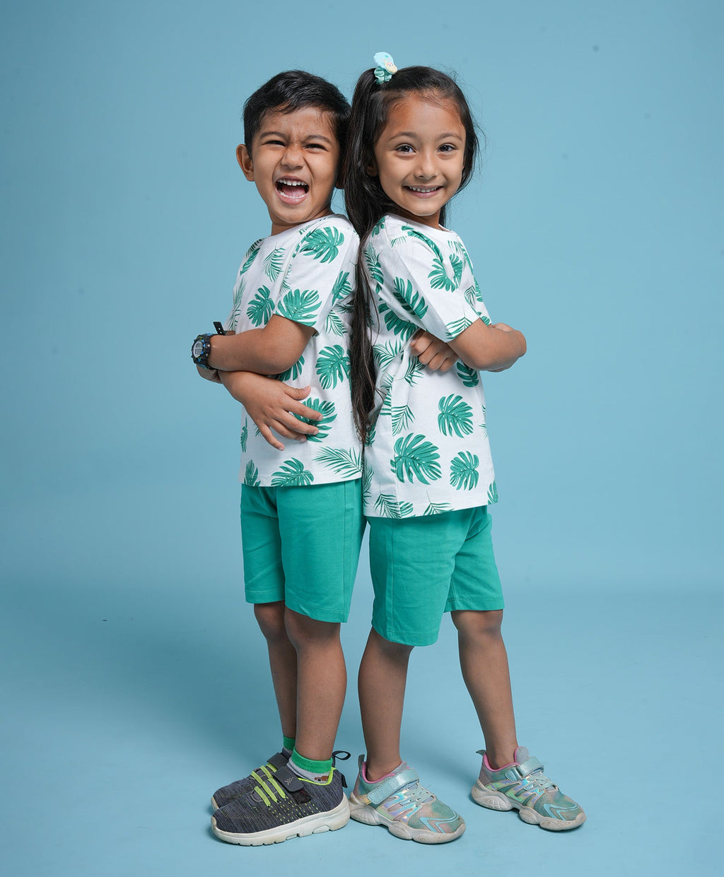 Green Leaf's Print Half Sleeves T-Shirt & Shorts Set