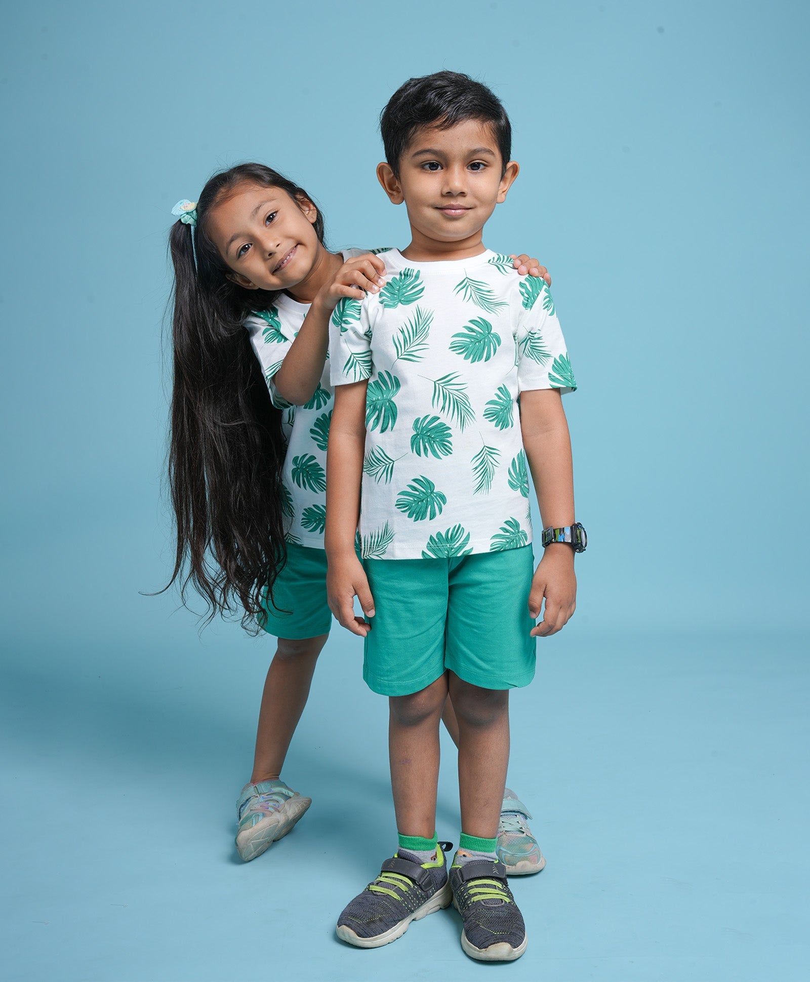 Green Leaf's Print Half Sleeves T-Shirt & Shorts Set
