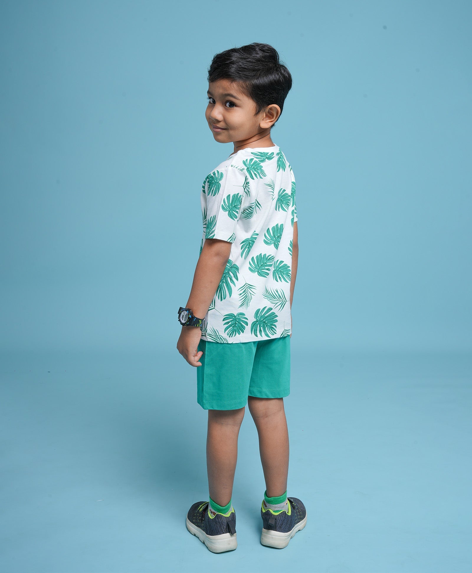 Green Leaf's Print Half Sleeves T-Shirt & Shorts Set