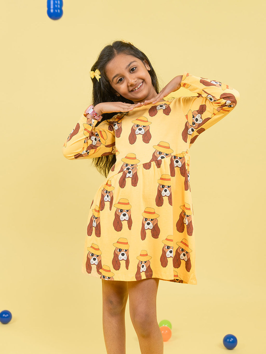 Girls Doggie Pattern Full Sleeves Fit & Flared Slanting Hem Dress